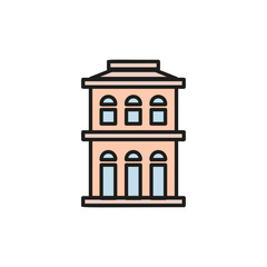 Isolated pink color low-rise municipal house in lineart style icon, element of urban architectural building vector illustration.