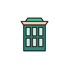 Isolated brown turquoise low-rise municipal house in lineart style icon, element of urban architectural building vector illustration.