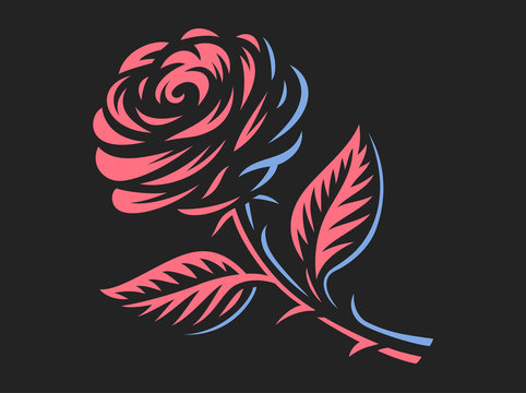 Red rose - vector illustration, emblem design on dark background