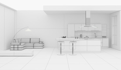 Kitchen interior grid 3D rendering