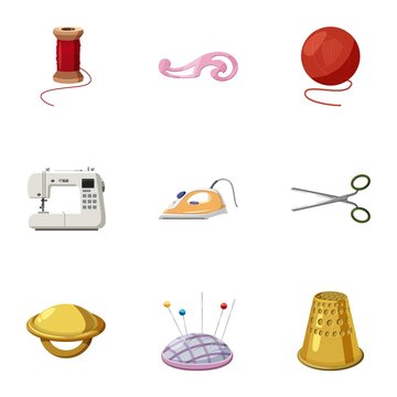 Tools for sewing dresses icons set, cartoon style