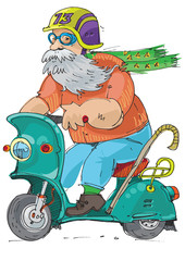 cheerful elderly person riding on a scooter - cartoon