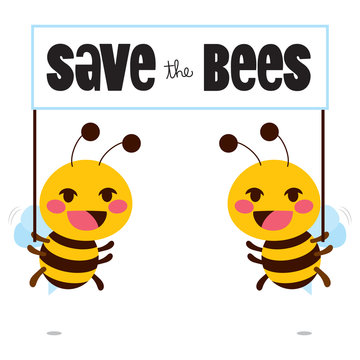 Funny flat color style illustration of two cute bees on protest save the bees concept