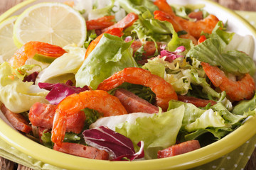 salad of fried shrimp with chorizo and mix lettuce macro. horizontal