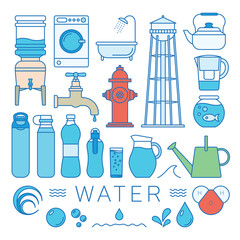 Color Water Elements Set In Thin Line Style. Vector Illustration With Symbols.