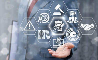 Compliance business concept. Businessman offer clipboard sign with check mark and pencil on virtual screen. Company strategy finance work support plan success technology