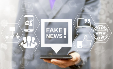 Fake news, HOAX political internet social network concept. Fabricated false disinformation...