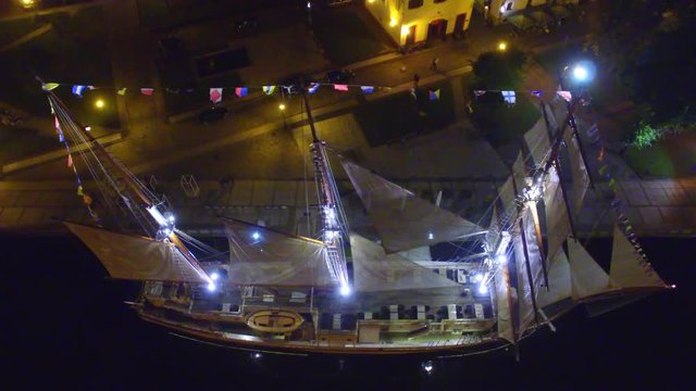 AERIAL. Klaipeda City (Lithuania) simbol - sailing ship. Vertical shot. Above the sails