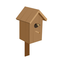 Birdhouse handmade from wood with a bird. Vector.