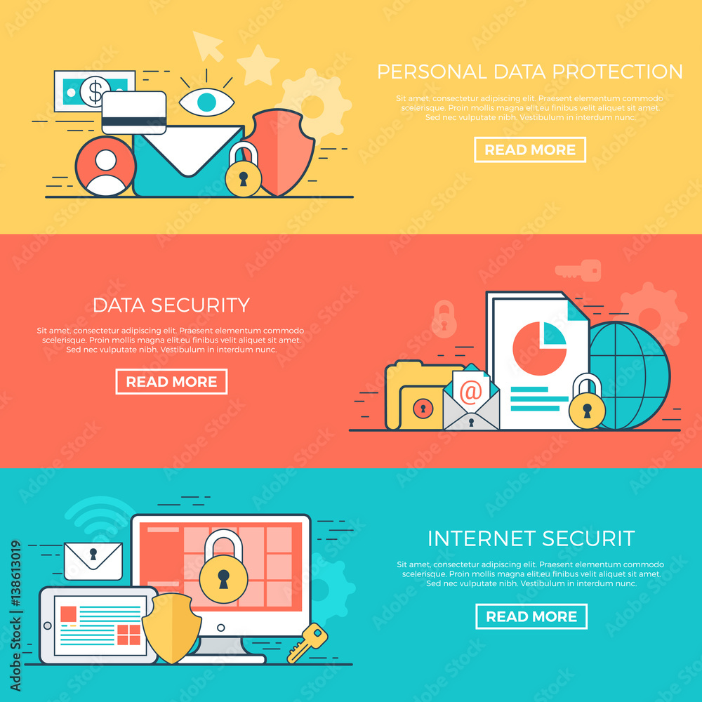 Poster linear flat personal data protection internet security vector.