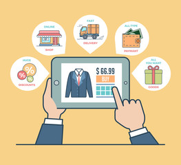 Linear flat male touching screen business sale shop vector.