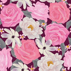 Elegance seamless color flower pattern with roses and peonies