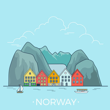 World travel in Norway Linear Flat vector design template.
