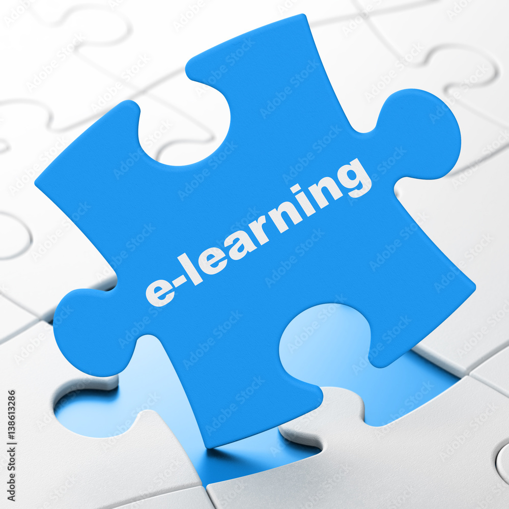 Poster learning concept: e-learning on puzzle background