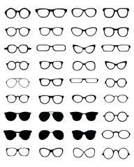 Black silhouettes of different eyeglasses on a white background - obrazy, fototapety, plakaty