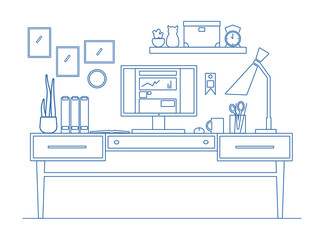 Line art workplace in flat style. illustration of modern working creative space.
