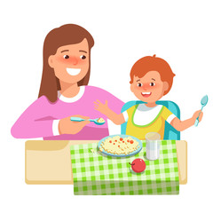 Vector illustration of happy mother feeding her child in flat style on white background. Meal in a kindergarten. Concept complementary food