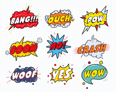 Comic sound speech effect bubbles set isolated on white background vector illustration. Wow,pow,bang,ouch,crash,woof,no,yes lettering.