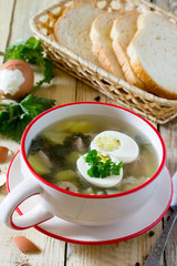 Soup with fresh nettles, egg, meat and potatoes. Fresh nettle leaf on the kitchen table a rustic background.