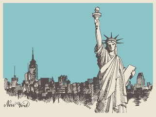 Sketch of the statue of liberty and the panorama of new York © Katsiar