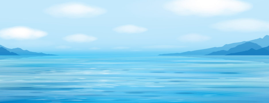 Vector blue sea scene  on  mountains  background.