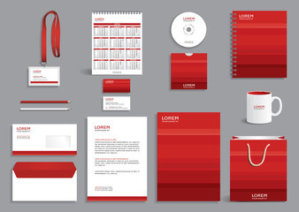 Business stationery set template, corporate identity design mock-up with red striped background 