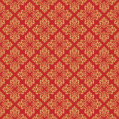 Beautiful queen seamless pattern with fleur de lys ornament elements on red background. Royal signs in style of fashion illustration. Excellent textile, fabric, paper design.