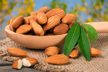 heap of peeled almonds with leaf in a wooden spoon on table blurred garden background