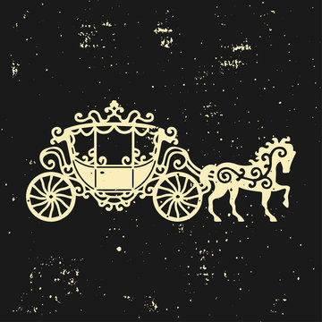 Horse-Carriage silhouette with horse. Vector illustration of brougham in baroque style. Vintage carriage isolated on dark background. Good for design, invitation card, logo or decoration