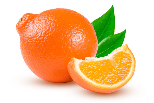 orange tangerine or Mineola with a slice and leaf isolated on white background