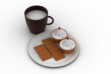 Cup cake with milk and biscuits