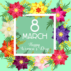 Postcard for March 8. Women's Day. Mimosa and flowers.