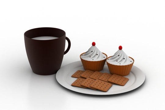 Cup cake with milk and biscuits