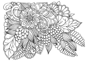 Doodle floral pattern in black and white. Page for coloring book