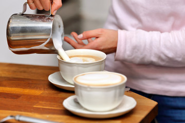 Young woman making cappuccino in a bar