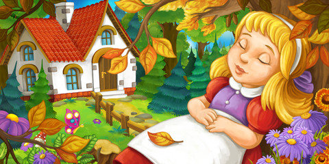 cartoon scene with young girl sleeping in the forest under the tree near cute farm house
