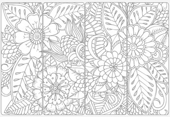 Vector set of monochrome bookmarks and doodle flowers for coloring adult coloring book.