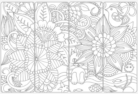 Vector set of monochrome bookmarks and doodle flowers for coloring adult coloring book.