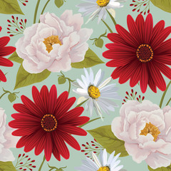 Beautiful  seamless color flower pattern with peony, gerbera and chamomile. Flower vector background. EPS 10 vector.