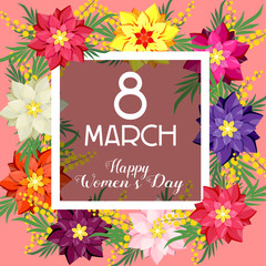 Postcard for March 8. Women's Day. Mimosa and flowers.