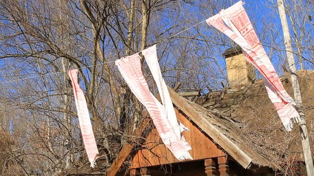 Ukrainian national towels with embroidered hanging on a rope