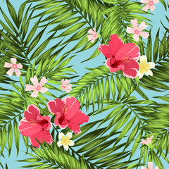 Exotic tropical jungle palm leaves seamless pattern with hibiscus, plumeria and hypsophila flowers. Bright rain forest greenery camouflage repeat overlapping texture on bright sky blue background.