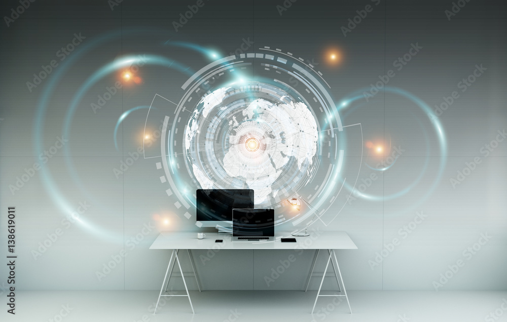 Poster workplace with modern devices and hologram screens 3d rendering