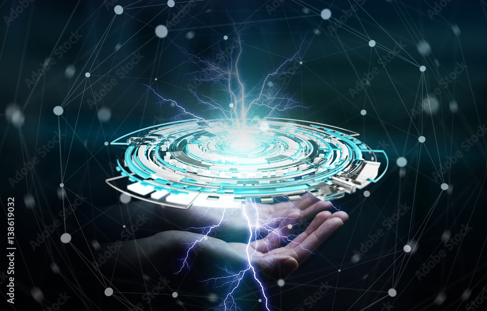 Poster Businessman holding floating 3D rendering digital tech blue interface