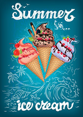 Summer is ice cream poster with sea