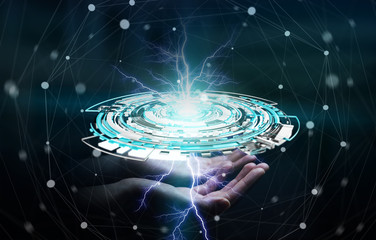 Businessman holding floating 3D rendering digital tech blue interface