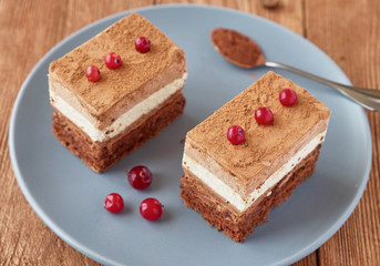 Delicious dessert cake with chocolate cream