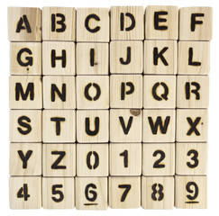 Square grid of wood burned alphabet blocks and numbers zero to nine. iIsolated.