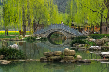 Fototapeta na wymiar Chinese bridge near the lake during early spring in National Park