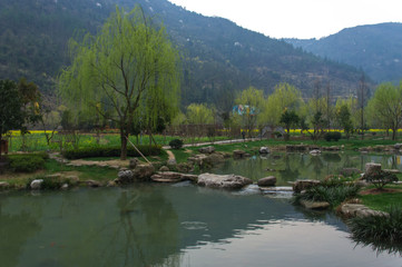Fototapeta premium Green lake during early spring in China National Park 